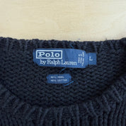 J- Vintage 90s Polo RL Leather Elbow Black Wool Knit Sweater - L