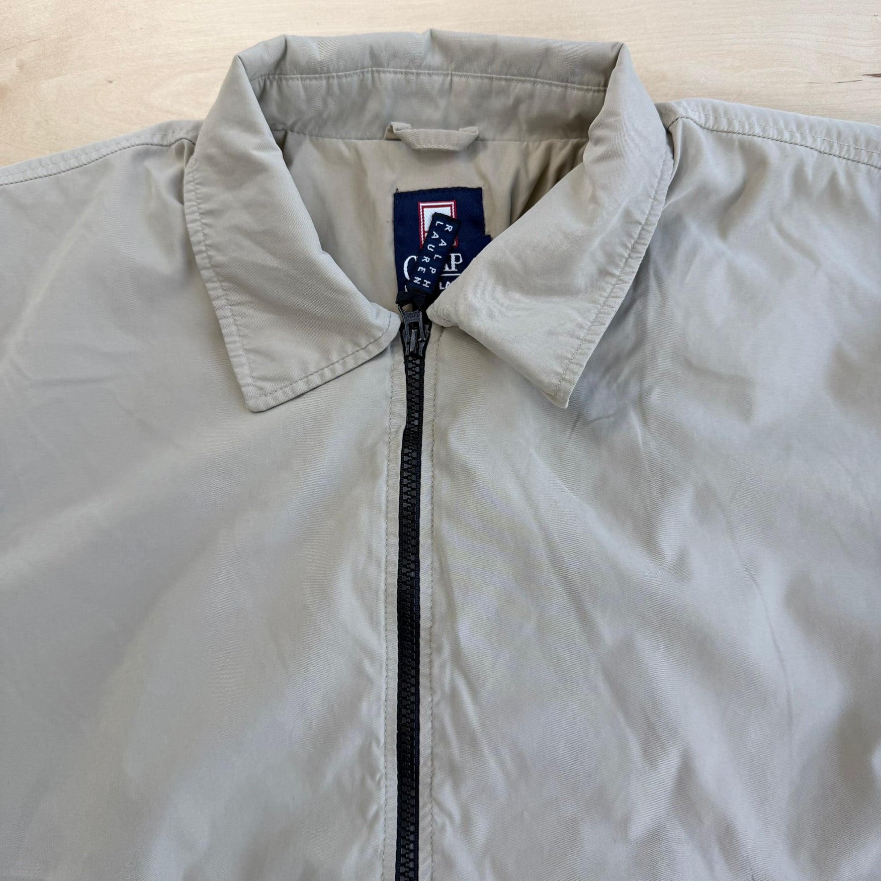 J- Vintage Ralph Lauren Chaps Embroidered Logo Bomber Style Beige Zip Up Jacket - XL