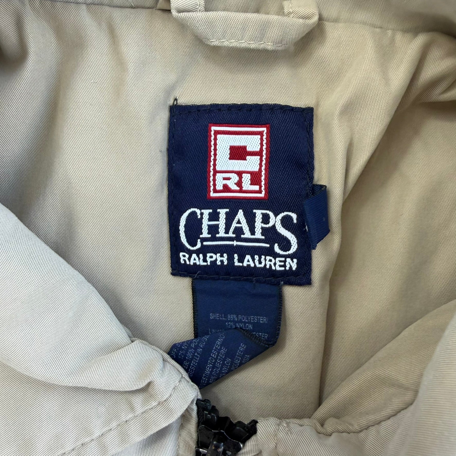 J- Vintage Ralph Lauren Chaps Embroidered Logo Bomber Style Beige Zip Up Jacket - XL