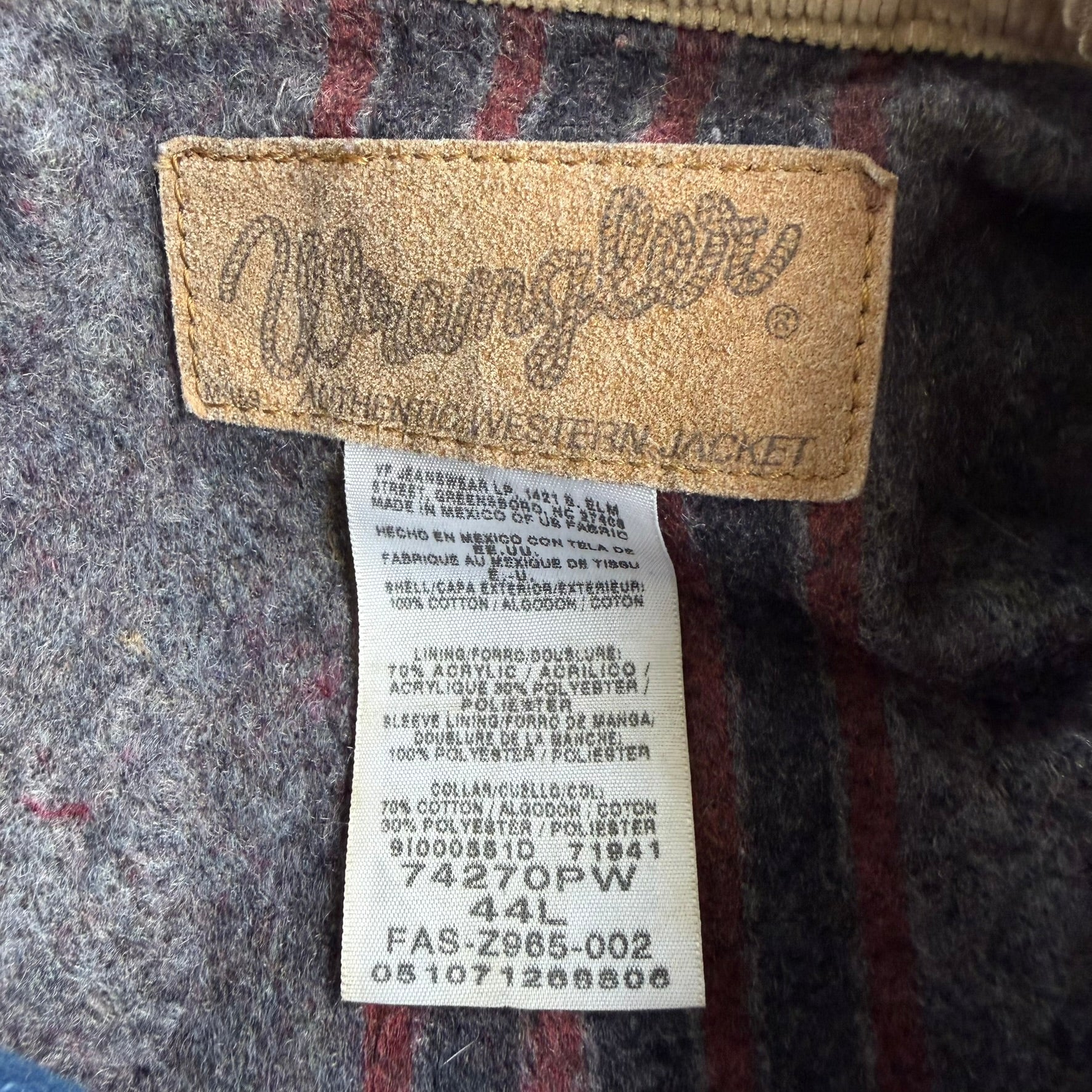 J- Vintage Wrangler Western Blanket Lined Denim Jacket - 44L (fits XL)