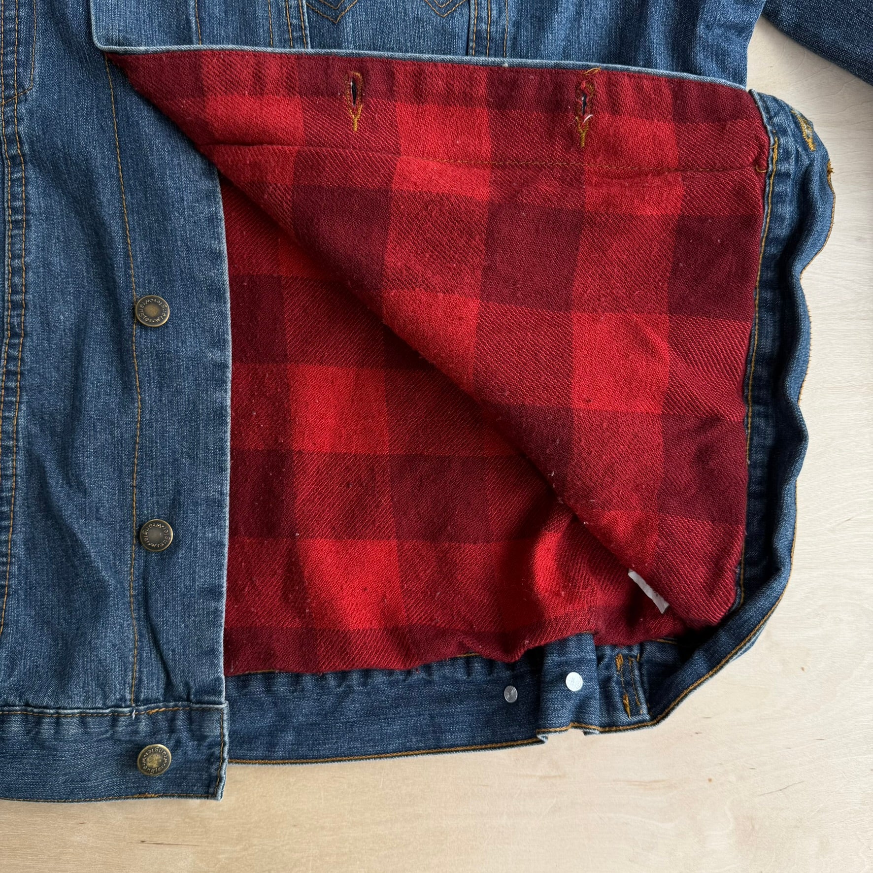 J- Vintage Wrangler Western Plaid Blanket Lined Denim Jacket - L
