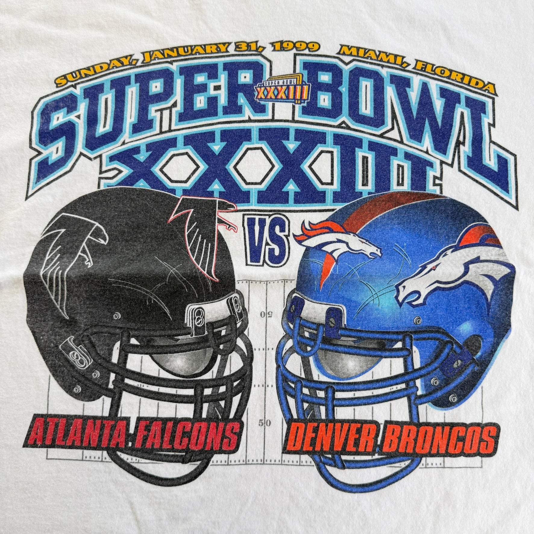 J- Vintage '99 NFL Super Bowl 33 Atlanta Falcons Vs Denver Broncos Graphic Tee - L