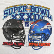 J- Vintage '99 NFL Super Bowl 33 Atlanta Falcons Vs Denver Broncos Graphic Tee - L