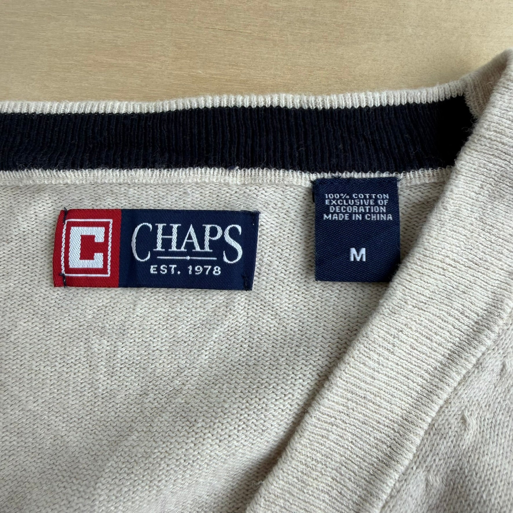 J- Vintage Chaps RL Embroidered Logo Beige Cardigan Knit Sweater - M