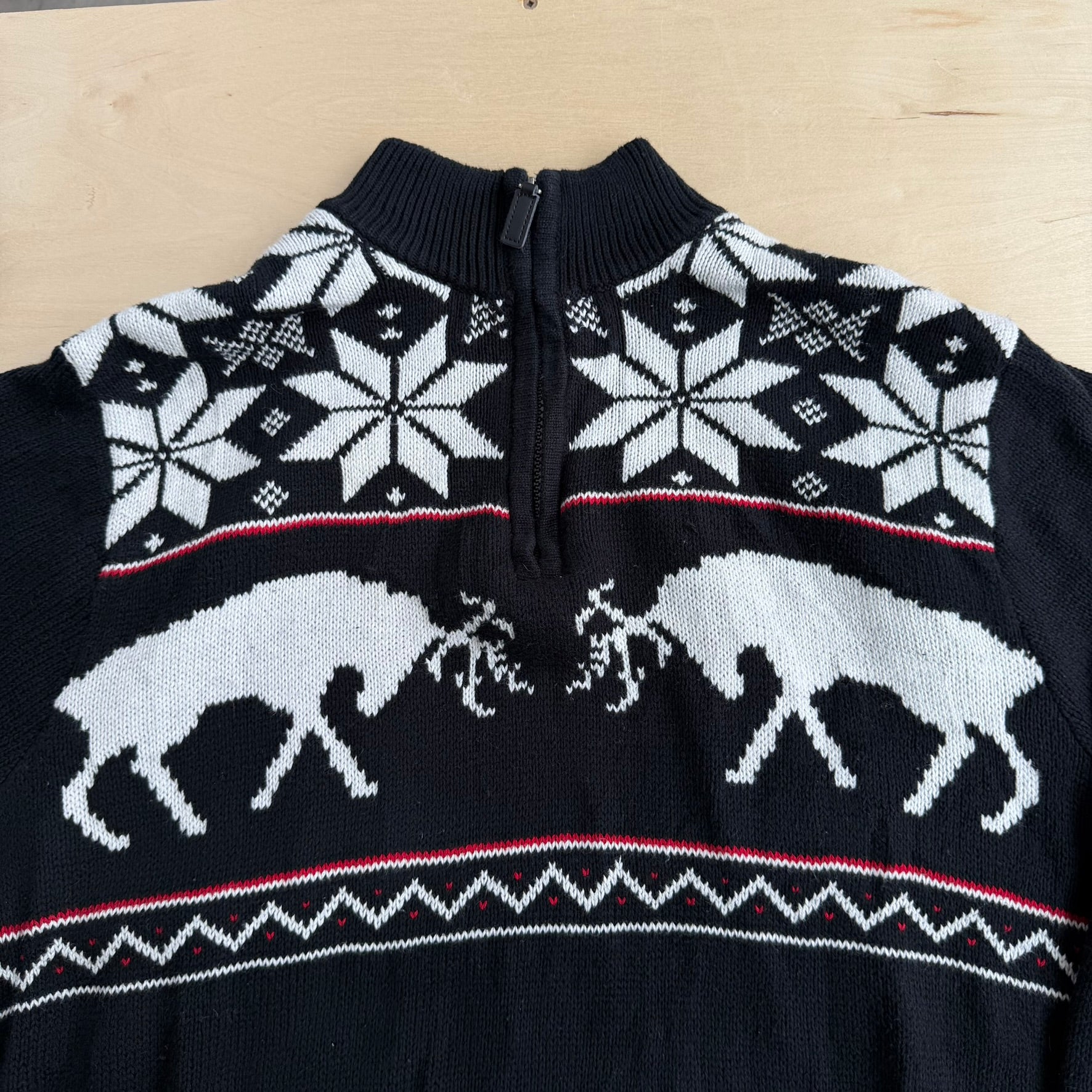 J- Vintage Chaps RL Deer Black Quarter Zip Knit Sweater - L