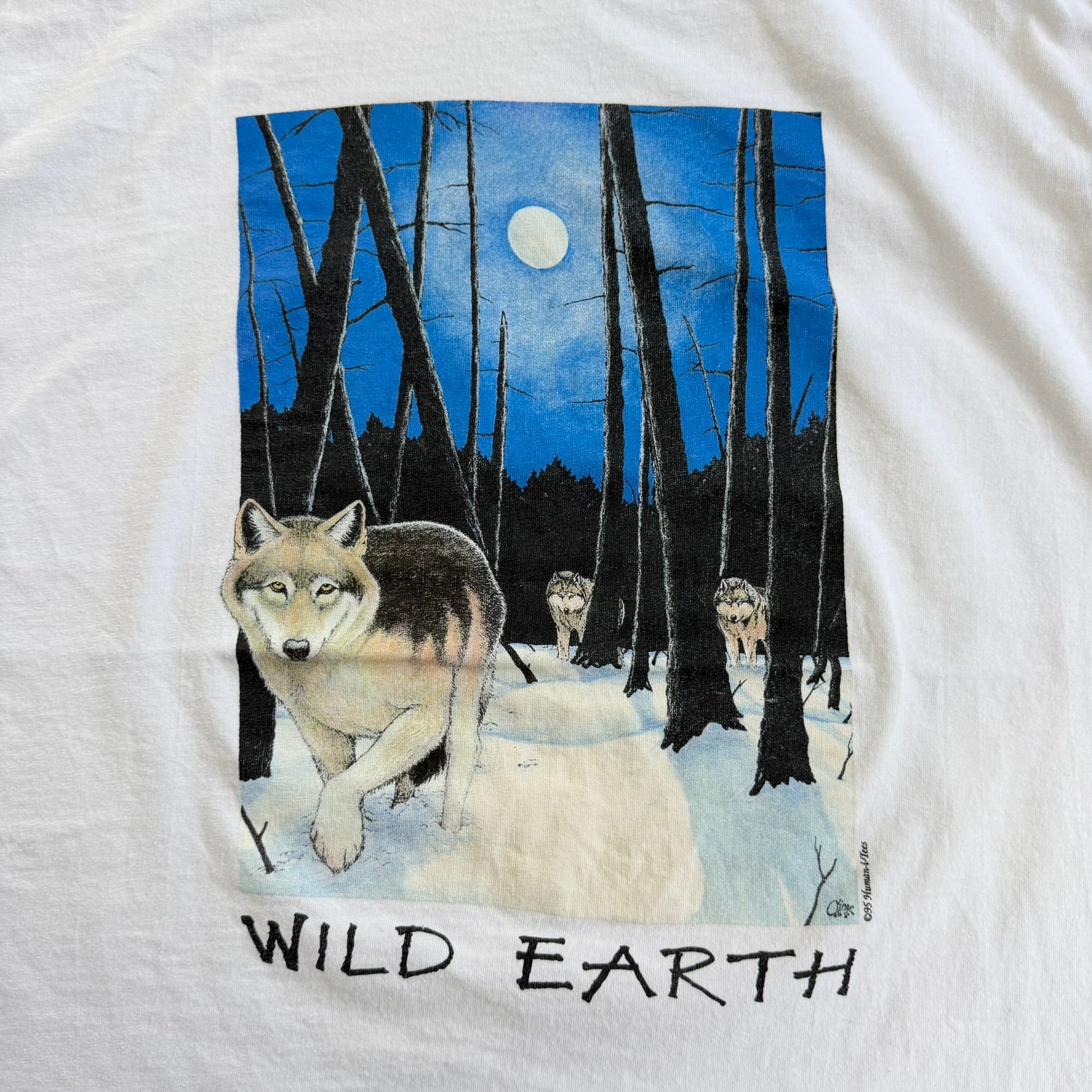 J- Vintage '95 Wild Earth Wolves Night Forest Graphic Made In USA Single Stitch Tee - XL