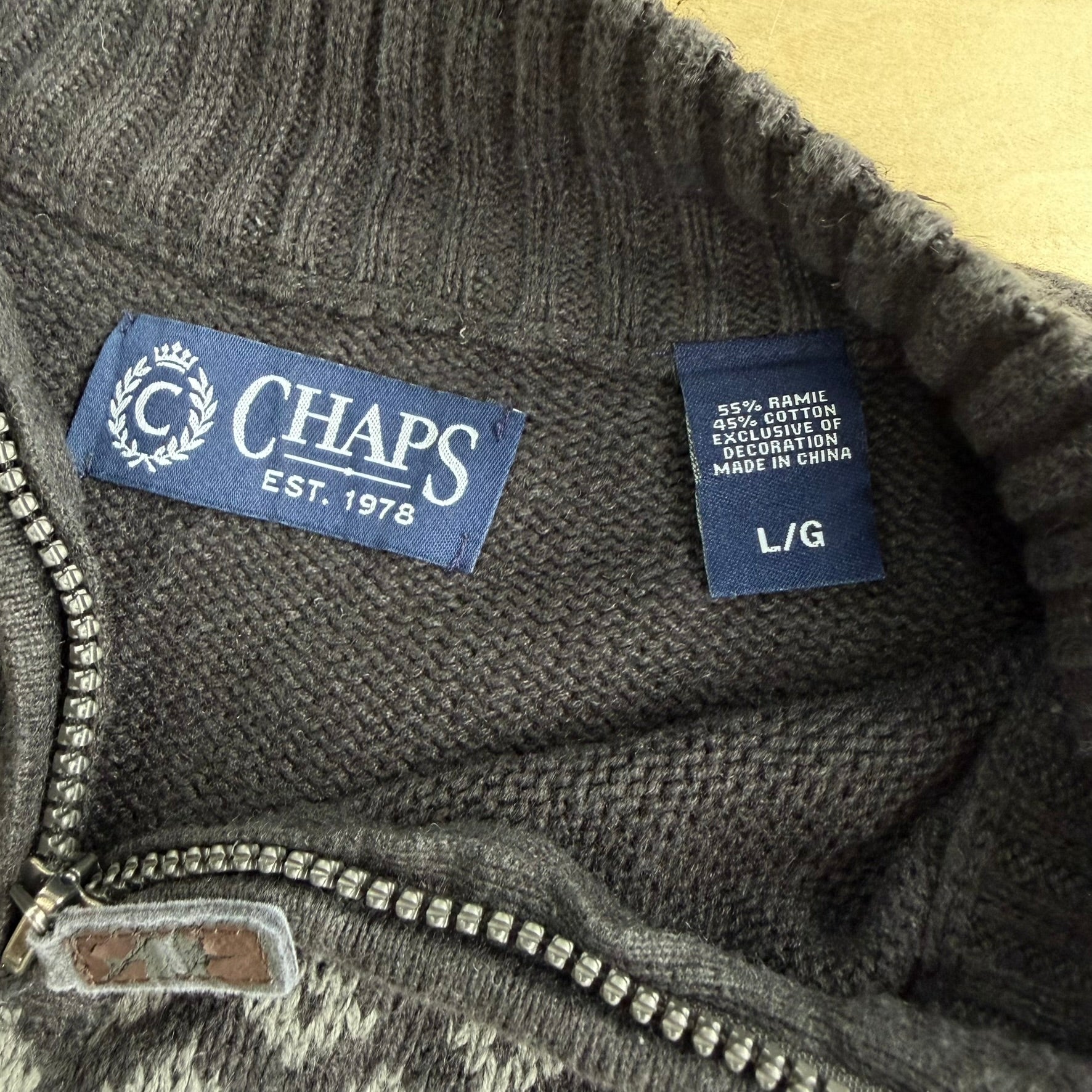J- Vintage Chaps RL Dark Grey Quarter Zip Knit Sweater - L