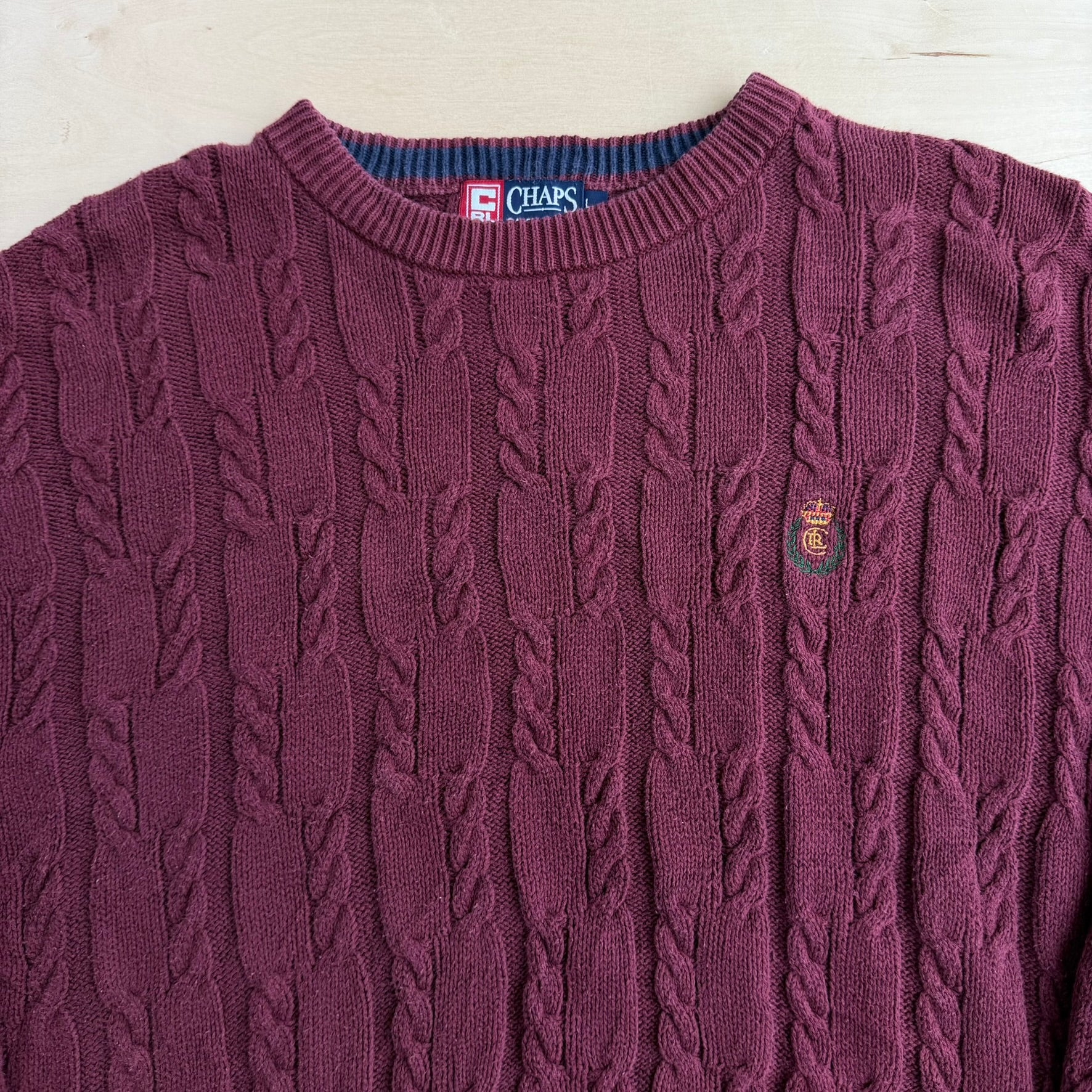 J- Vintage Chaps RL Embroidered Crest Maroon Knit Sweater - L