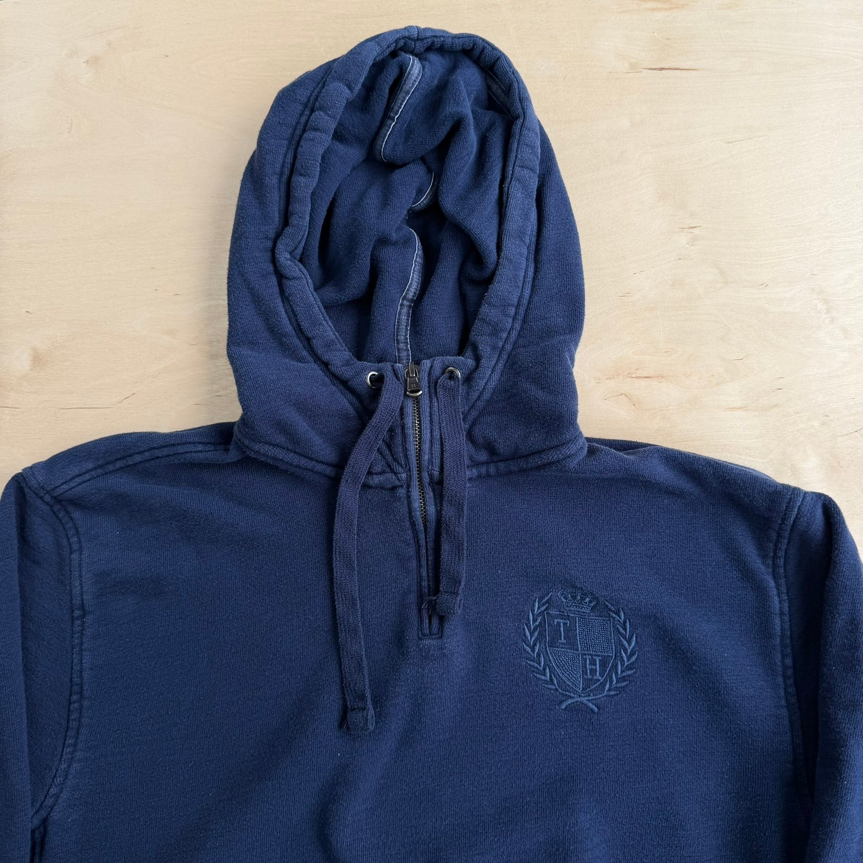 J- Vintage Tommy Hilfiger Embroidered Crest Quarter Zip Hoodie - XL