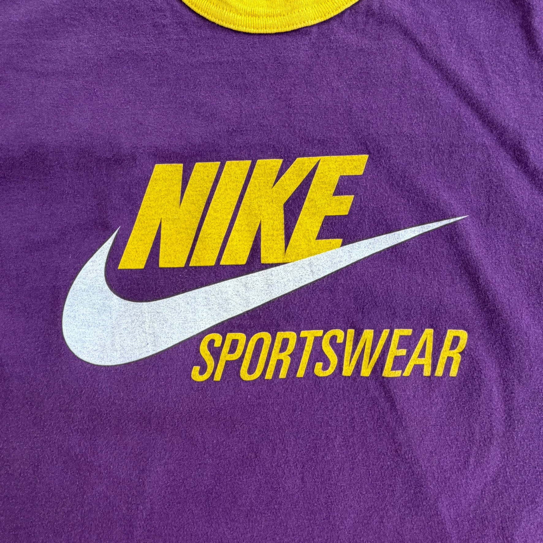J- Vintage Nike Sportswear Swoosh & Text Graphic Purple/Yellow Ringer Tee - XL