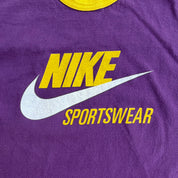 J- Vintage Nike Sportswear Swoosh & Text Graphic Purple/Yellow Ringer Tee - XL