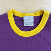 J- Vintage Nike Sportswear Swoosh & Text Graphic Purple/Yellow Ringer Tee - XL