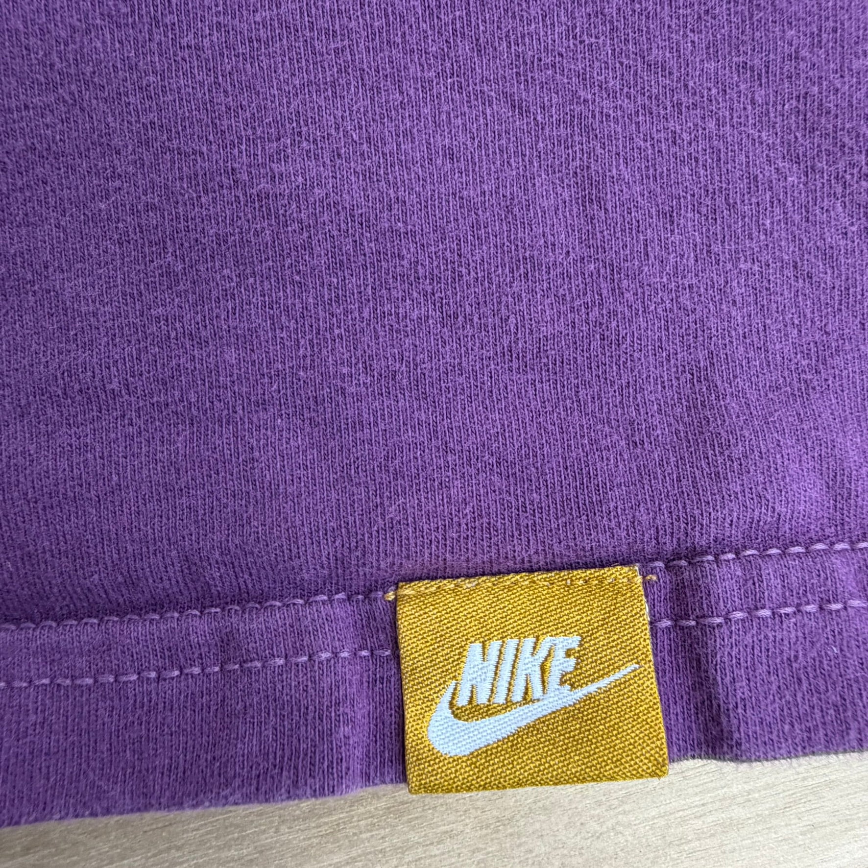 J- Vintage Nike Sportswear Swoosh & Text Graphic Purple/Yellow Ringer Tee - XL