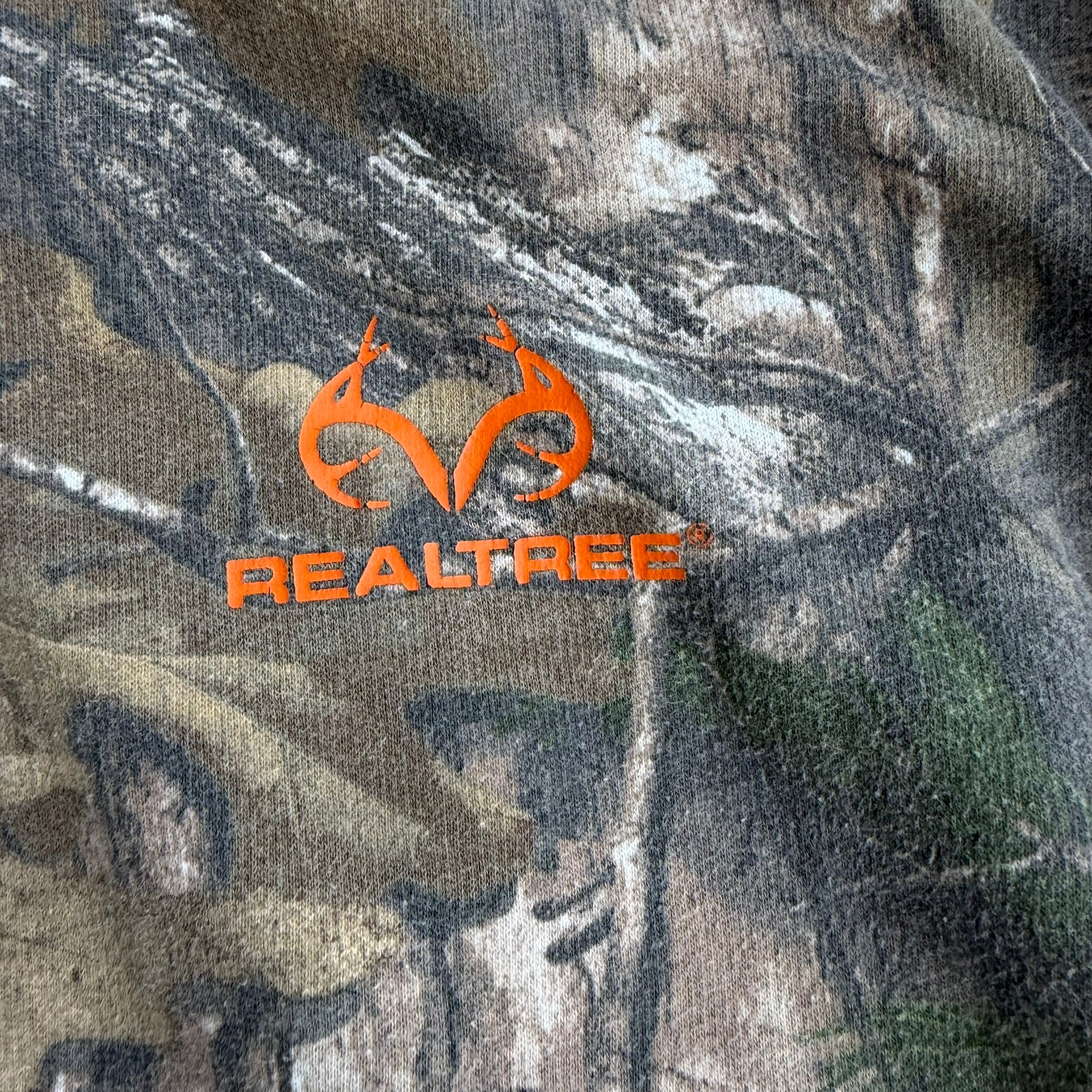 J- Vintage Real Tree Camo Orange Logo Brown Drawstrings Hoodie - XL