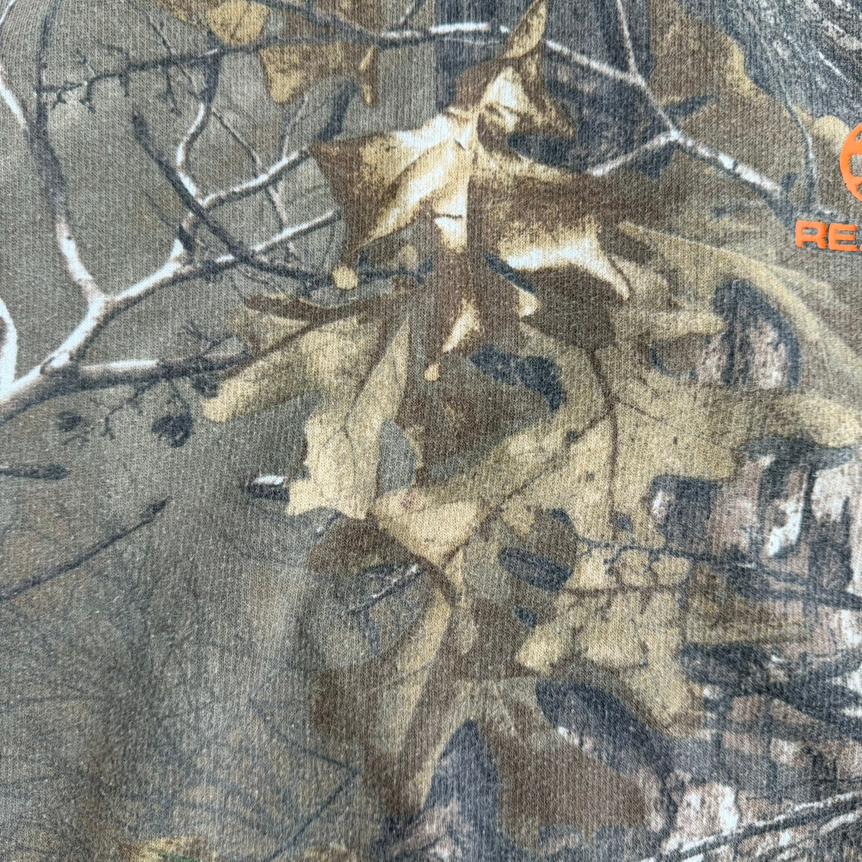 J- Vintage Real Tree Camo Orange Logo Brown Drawstrings Hoodie - XL