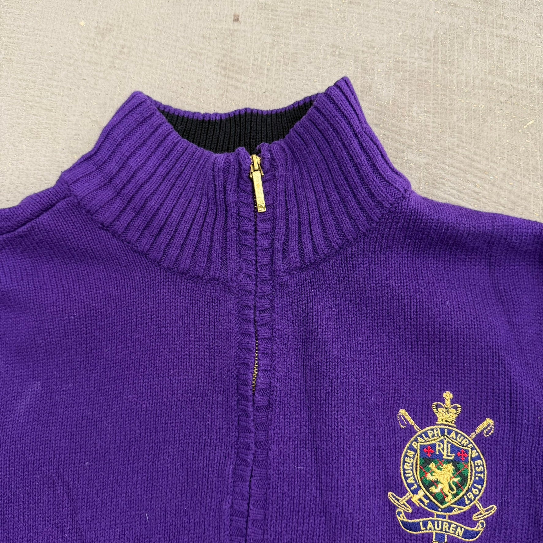 J- Vintage Women's Ralph Lauren LRL Embroidered Crest Quarter Zip Knit Sweater - XL