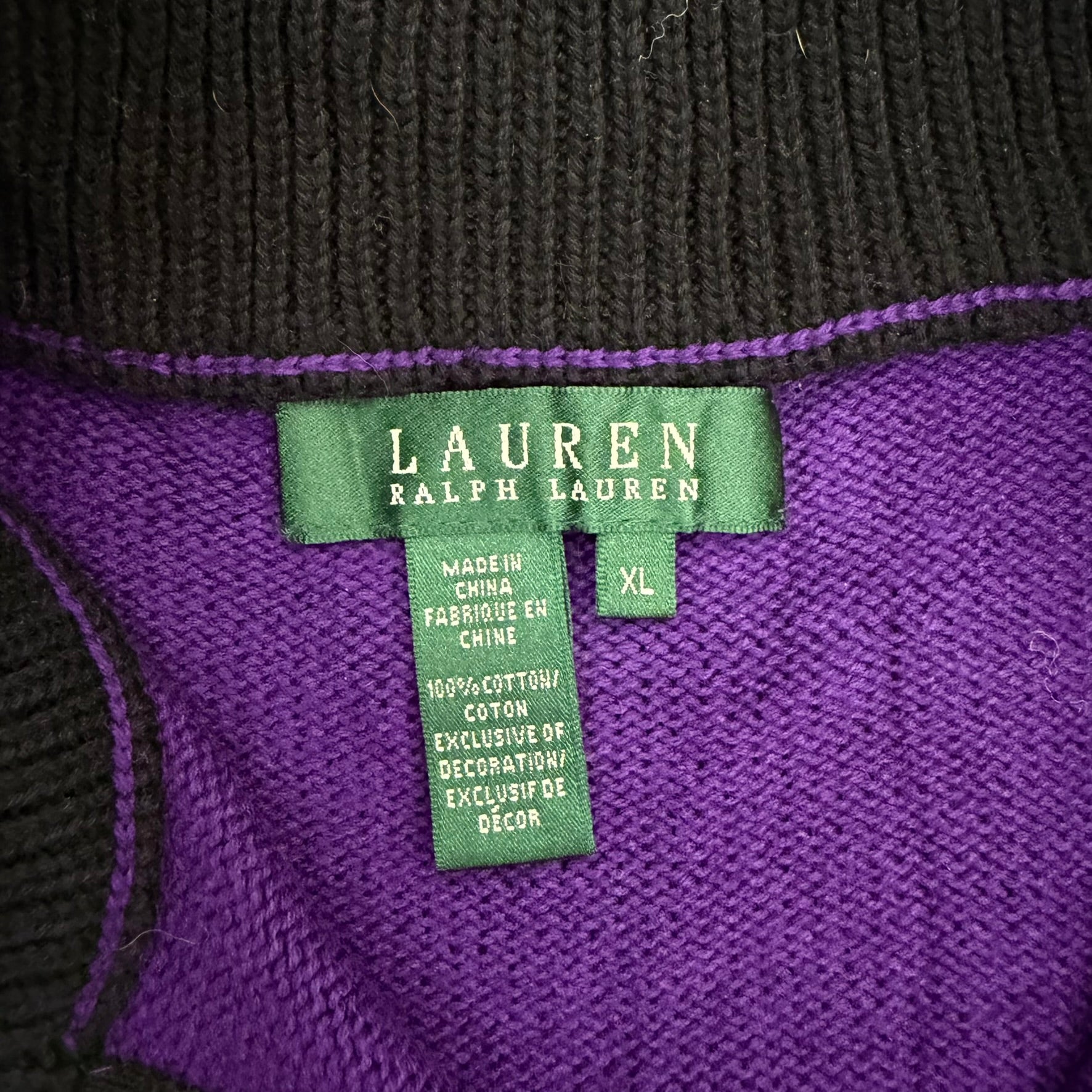 J- Vintage Women's Ralph Lauren LRL Embroidered Crest Quarter Zip Knit Sweater - XL