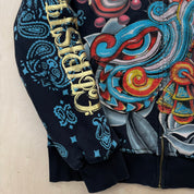 J- Vintage Y2K Christian Audigier Rhinestones Aztec Skull Jumbo Print Zip Up Hoodie - XL