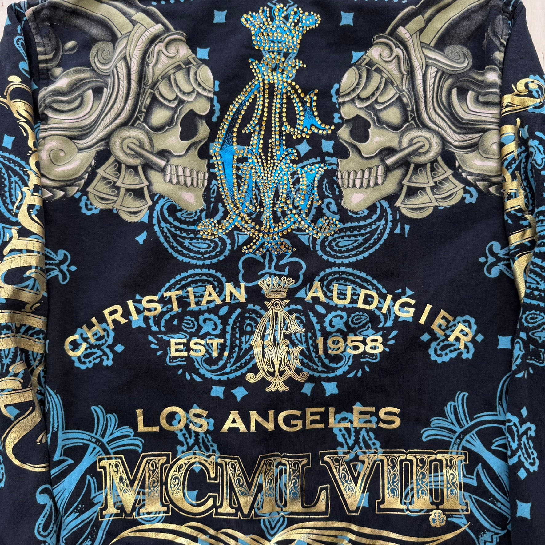 J- Vintage Y2K Christian Audigier Rhinestones Aztec Skull Jumbo Print Zip Up Hoodie - XL