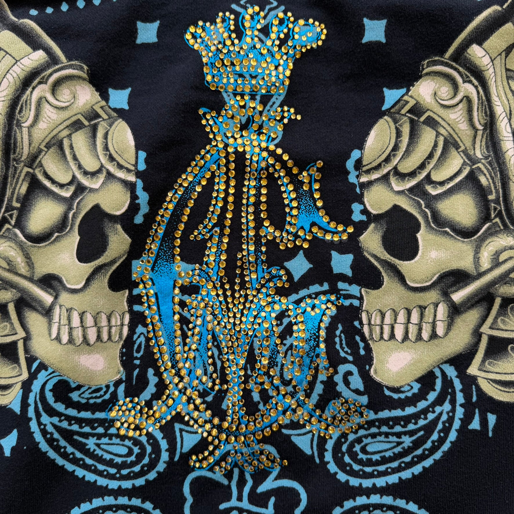 J- Vintage Y2K Christian Audigier Rhinestones Aztec Skull Jumbo Print Zip Up Hoodie - XL