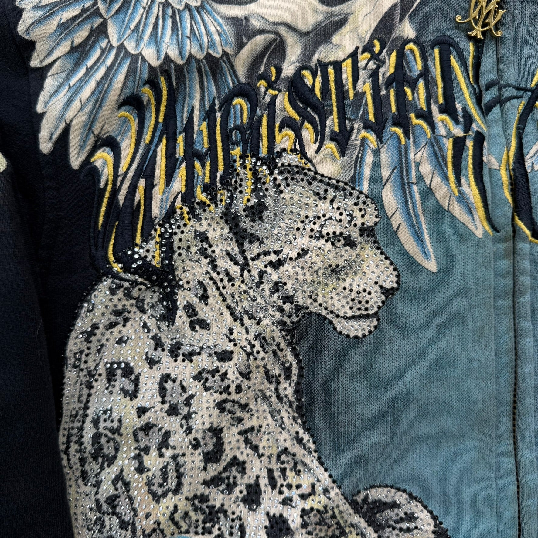 J- Vintage Y2K Christian Audigier Rhinestones Leopards Jumbo Print Zip Up Hoodie - XL