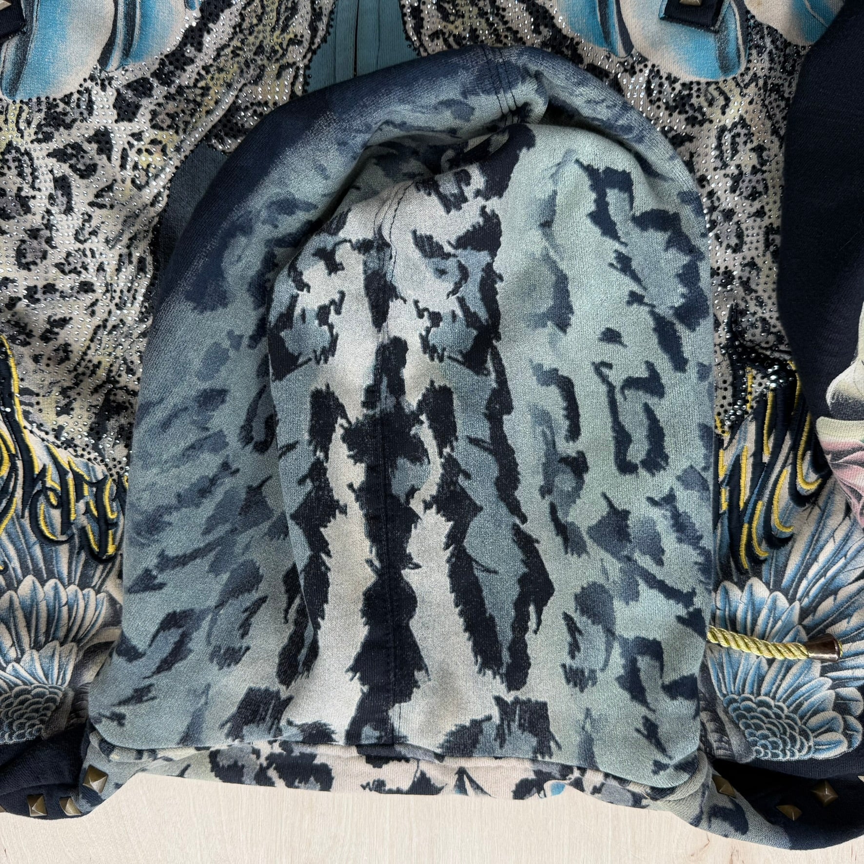 J- Vintage Y2K Christian Audigier Rhinestones Leopards Jumbo Print Zip Up Hoodie - XL