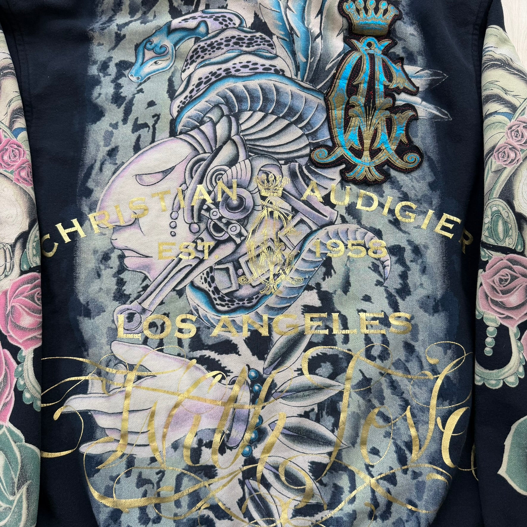 J- Vintage Y2K Christian Audigier Rhinestones Leopards Jumbo Print Zip Up Hoodie - XL