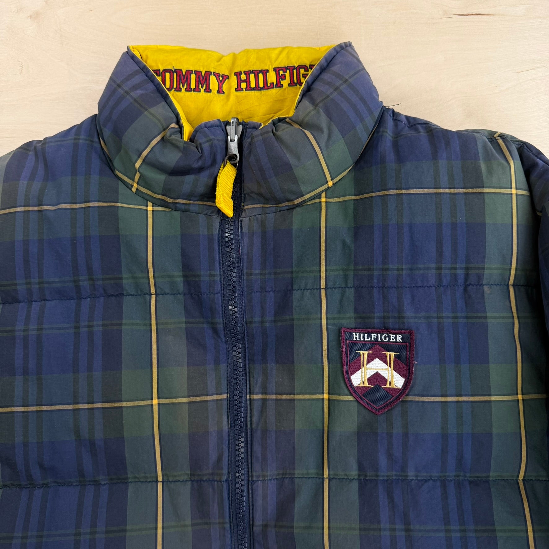J- Vintage 90s Tommy Hilfiger Navy Plaid & Green Reversible Puffer Winter Jacket - XL