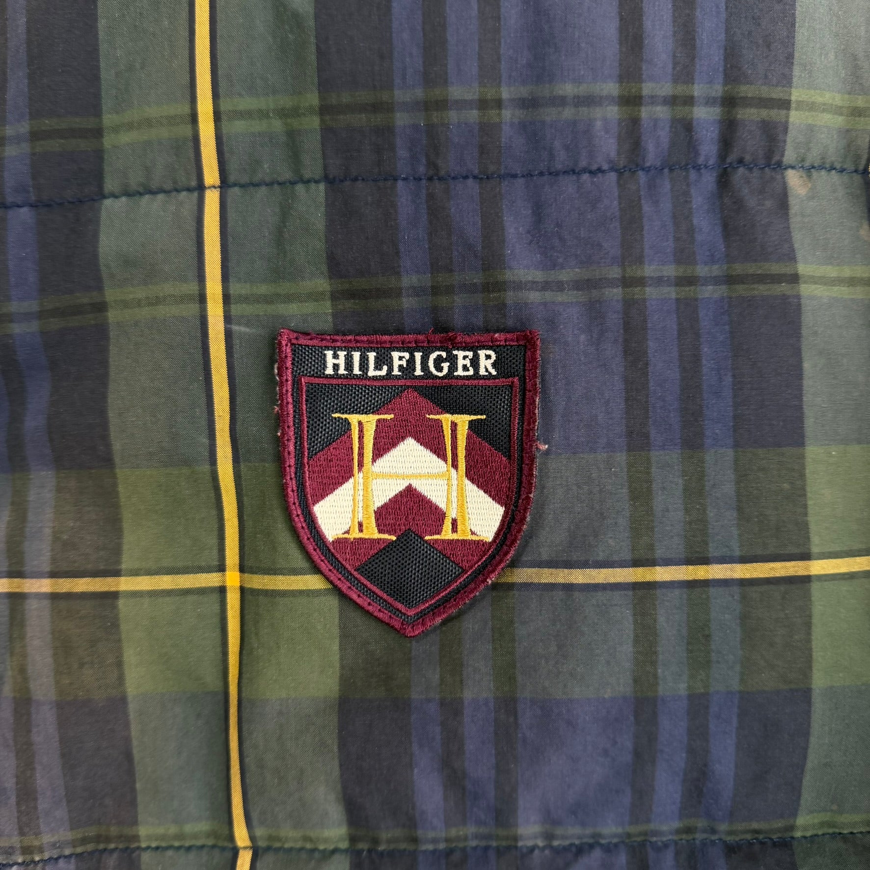 J- Vintage 90s Tommy Hilfiger Navy Plaid & Green Reversible Puffer Winter Jacket - XL