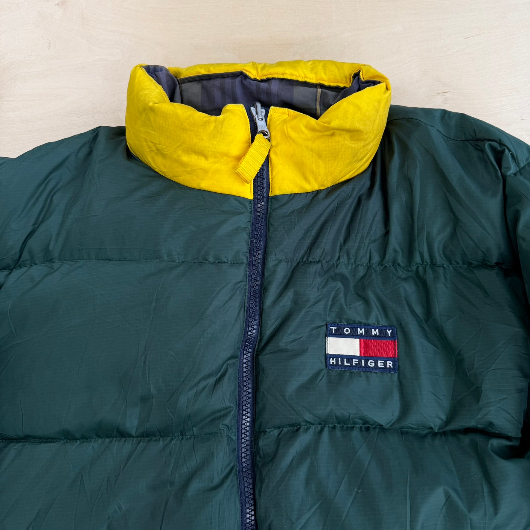 J- Vintage 90s Tommy Hilfiger Navy Plaid & Green Reversible Puffer Winter Jacket - XL