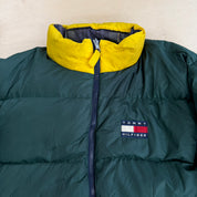 J- Vintage 90s Tommy Hilfiger Navy Plaid & Green Reversible Puffer Winter Jacket - XL