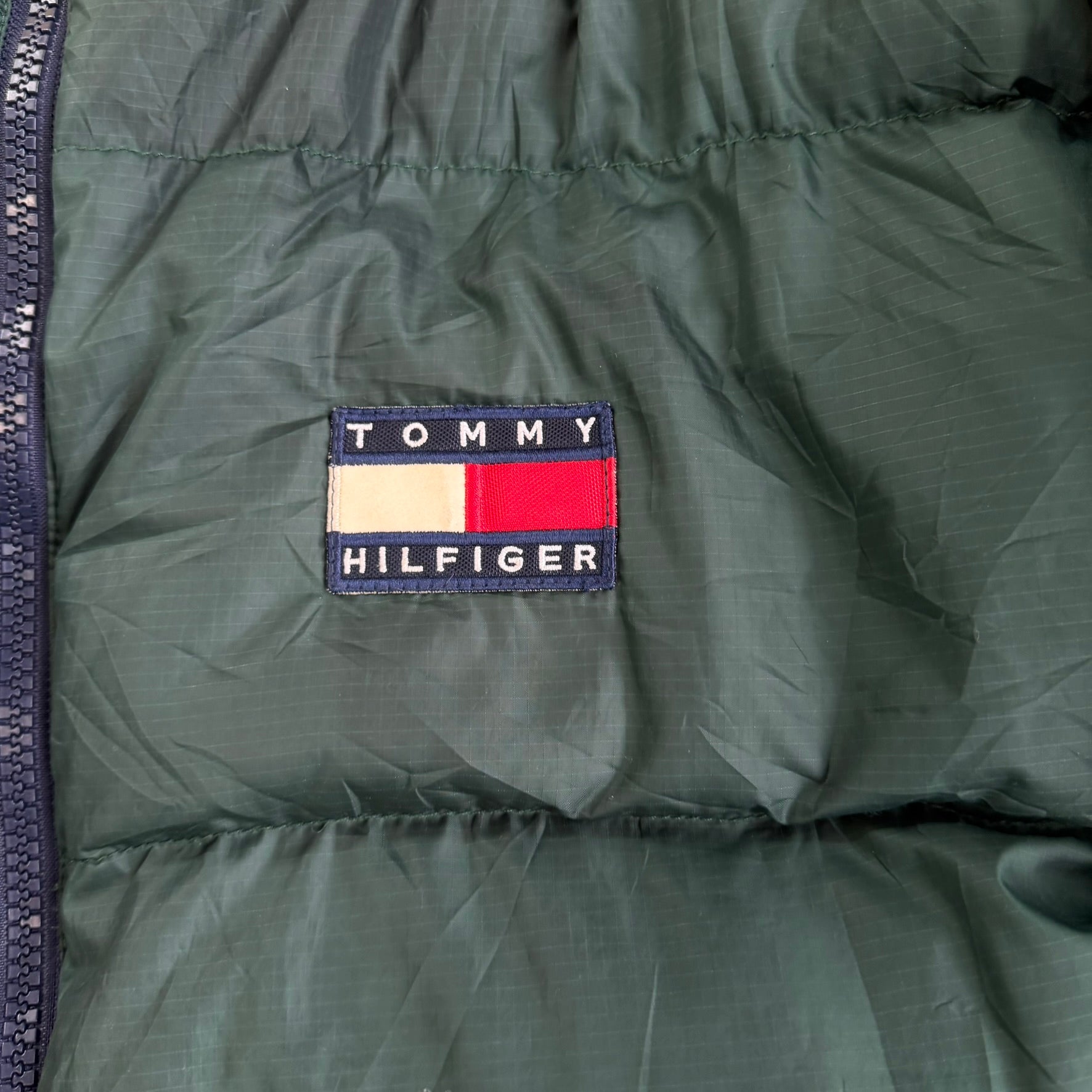 J- Vintage 90s Tommy Hilfiger Navy Plaid & Green Reversible Puffer Winter Jacket - XL