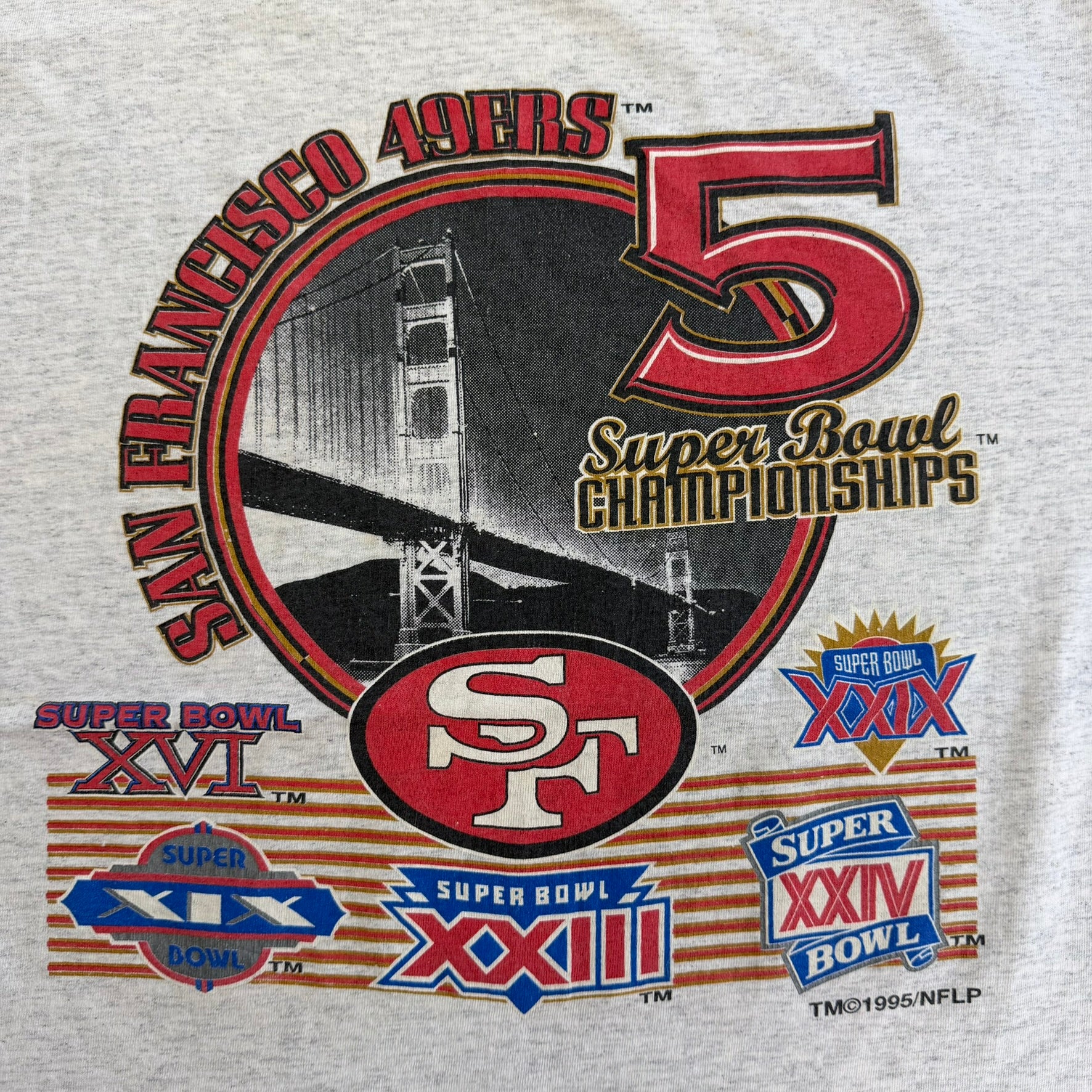 J-  Vintage '95 San Francisco 49ers NFL World 5 Super Bowl Championship Made In USA Single Stitch Tee - L