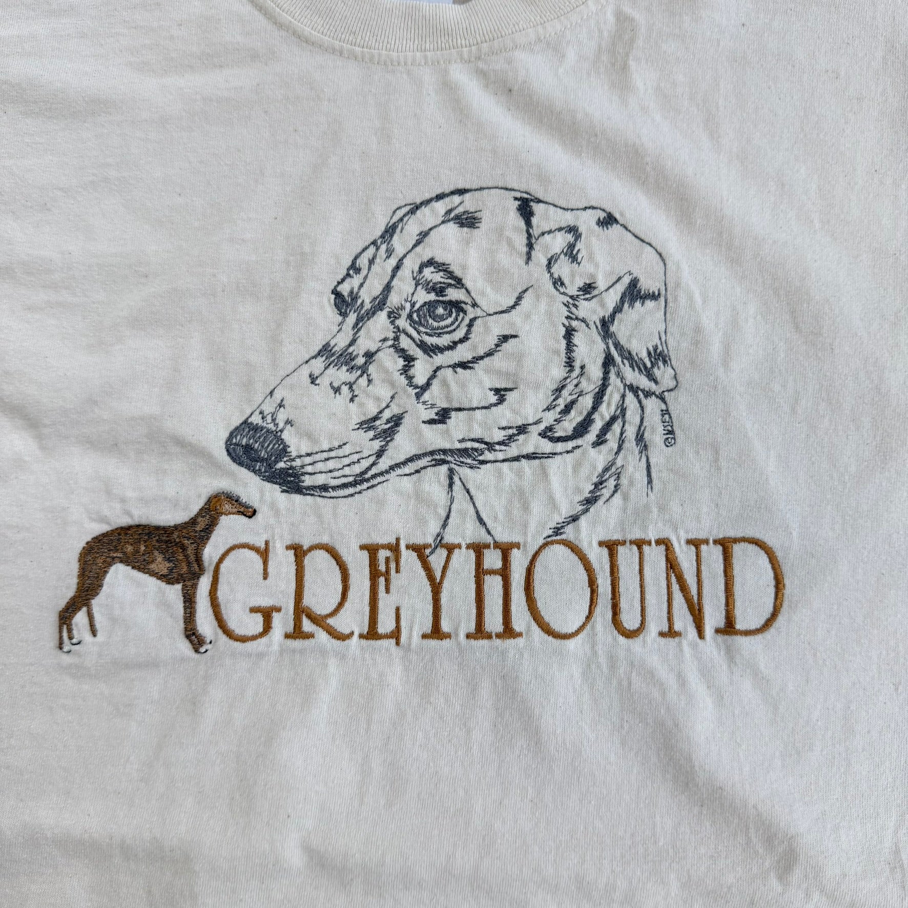 J- Vintage Greyhound Dog Embroidered Text & Graphic Gildan Tee - L
