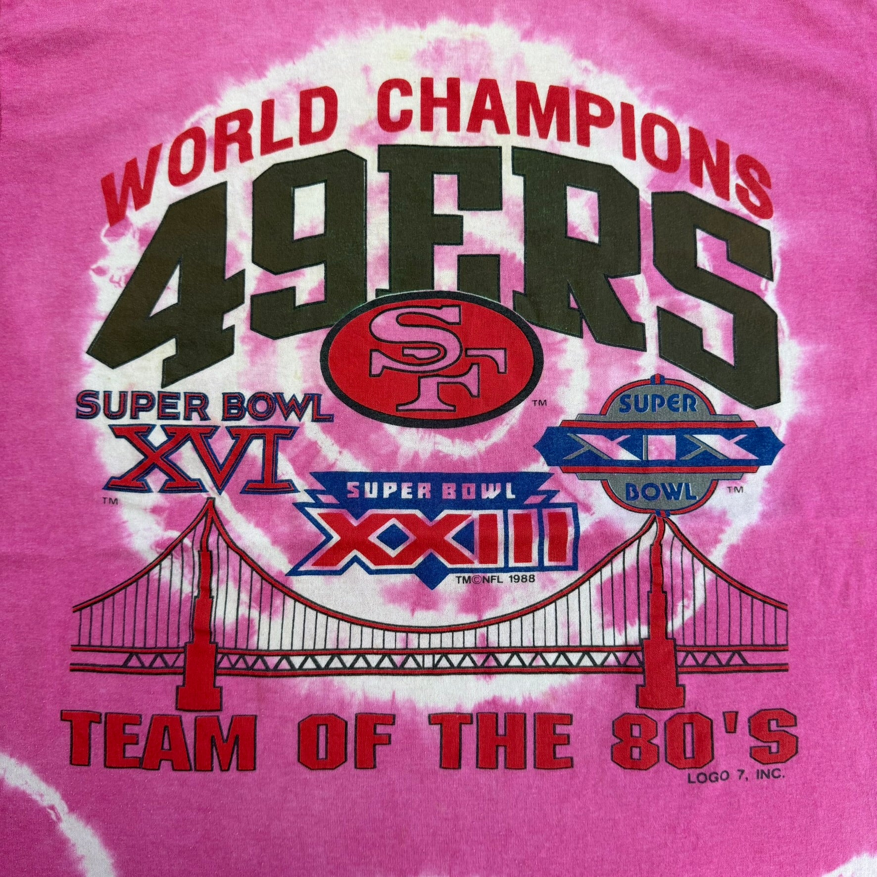 J-  Vintage '88 San Francisco 49ers NFL World Champions Team Of The 80s Logo 7 Made In USA Single Stitch Tee - XL