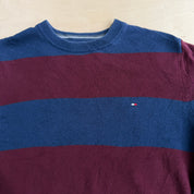 J- Vintage Tommy Hilfiger Embroidered Logo Navy/Maroon Striped Knit Sweater - M