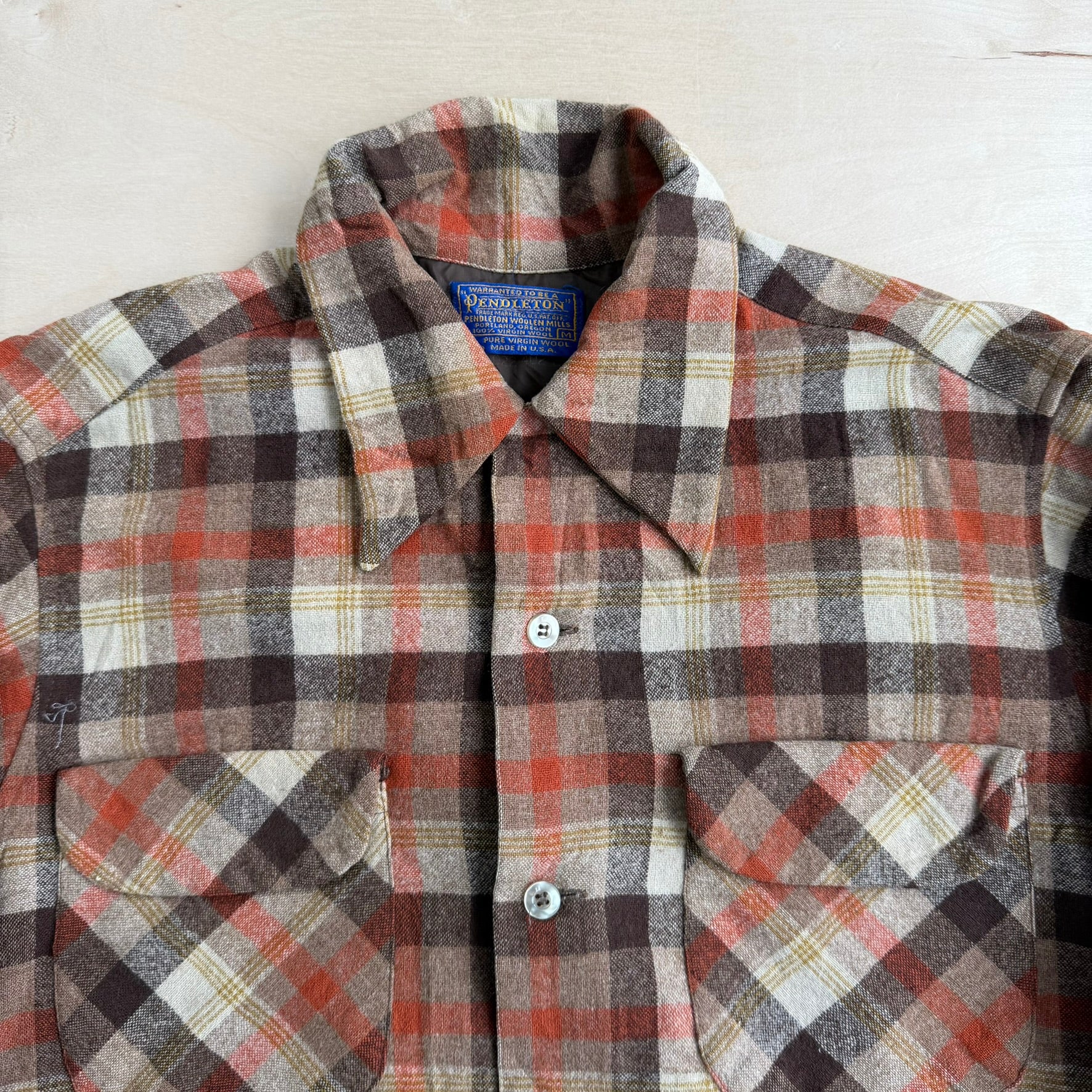 J- Vintage 90s Pendleton Made In USA Beige Plaid Wool Button Down Shirt - M