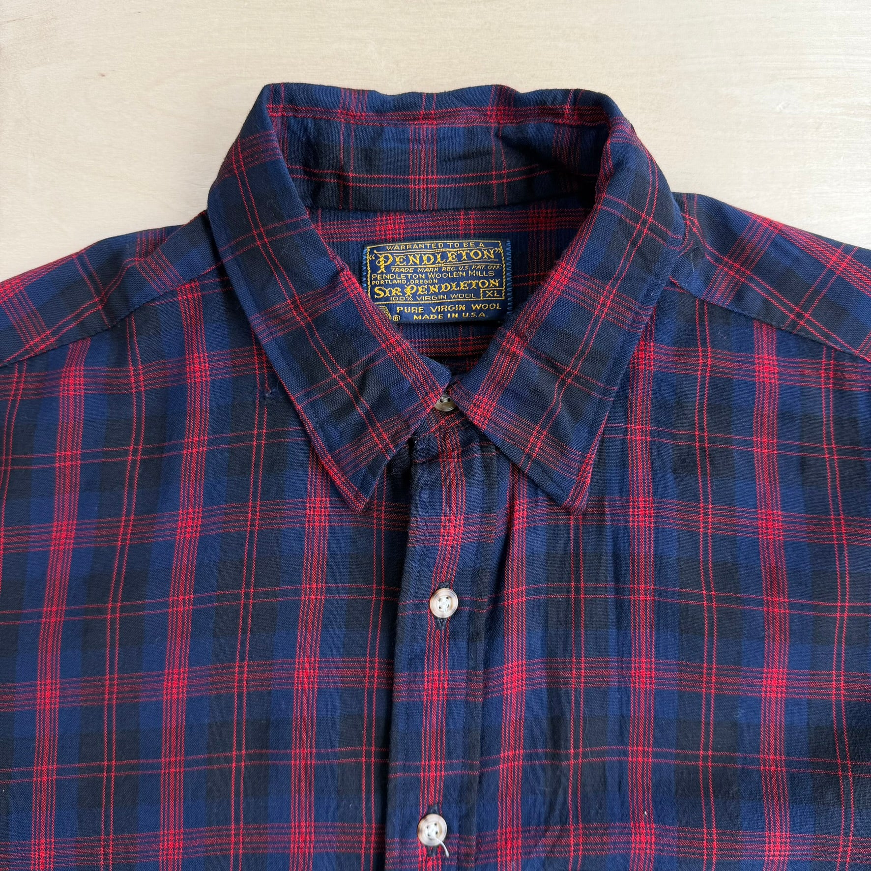 J- Vintage 90s Pendleton Made In USA Navy Plaid Wool Button Down Shirt - XL