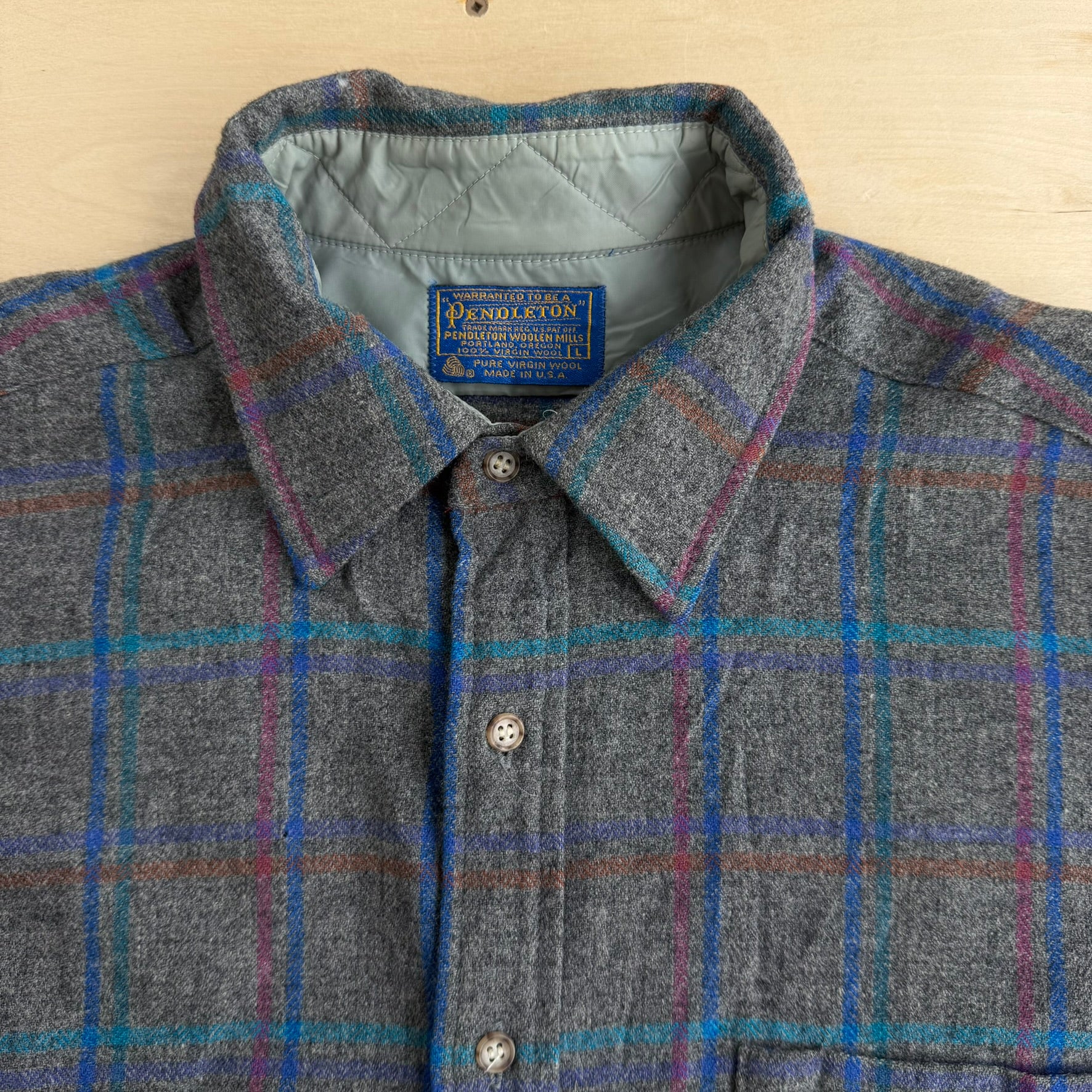 J- Vintage 90s Pendleton Made In USA Grey Plaid Wool Button Down Shirt - L