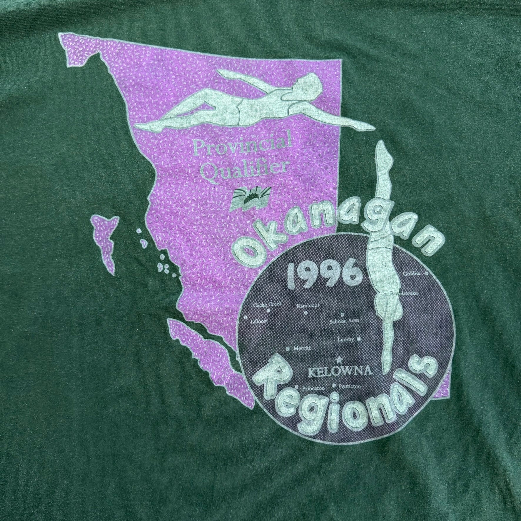 J- Vintage '96 Okanagan Swimming Provincial Qualifier Graphic Made In USA Single Stitch Tee - XL
