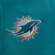 J- Vintage Miami Dolphins NFL Embroidered Logo & Text Sherpa Lined Zip Up Hoodie - XL