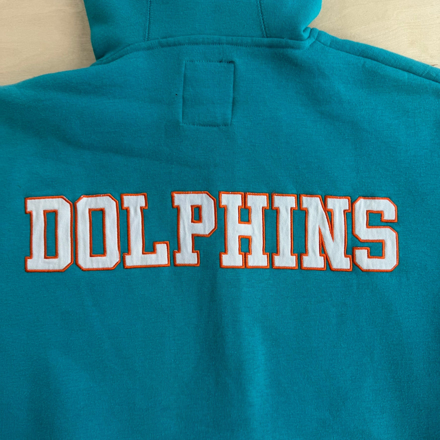 J- Vintage Miami Dolphins NFL Embroidered Logo & Text Sherpa Lined Zip Up Hoodie - XL