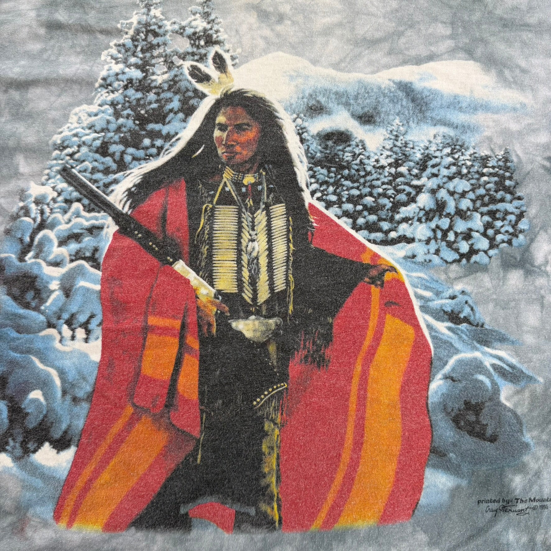 J- Vintage '96 The Mountain Indigenous Warrior In Snow Forest Graphic Made In USA Single Stitch Tee - 2XL