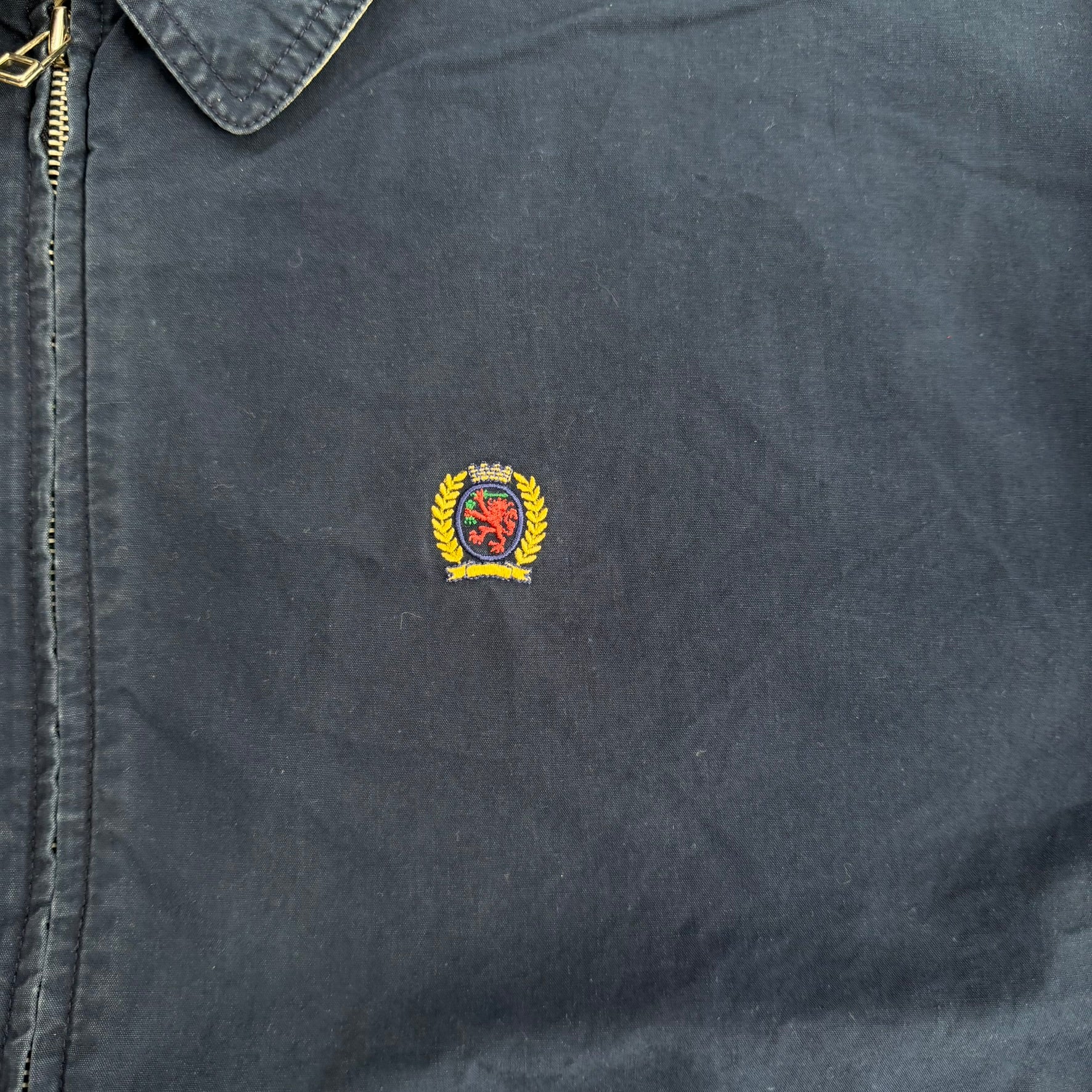 J- Vintage Tommy Hilfiger Embroidered Crest Navy Harrington Lightweight Jacket - XL