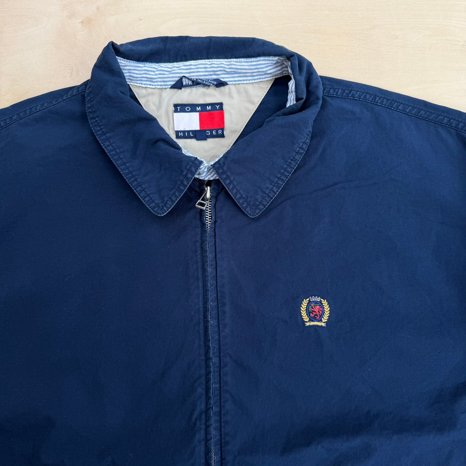 J- Vintage Tommy Hilfiger Embroidered Crest Navy Harrington Lightweight Jacket - XL