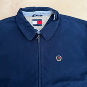 J- Vintage Tommy Hilfiger Embroidered Crest Navy Harrington Lightweight Jacket - XL