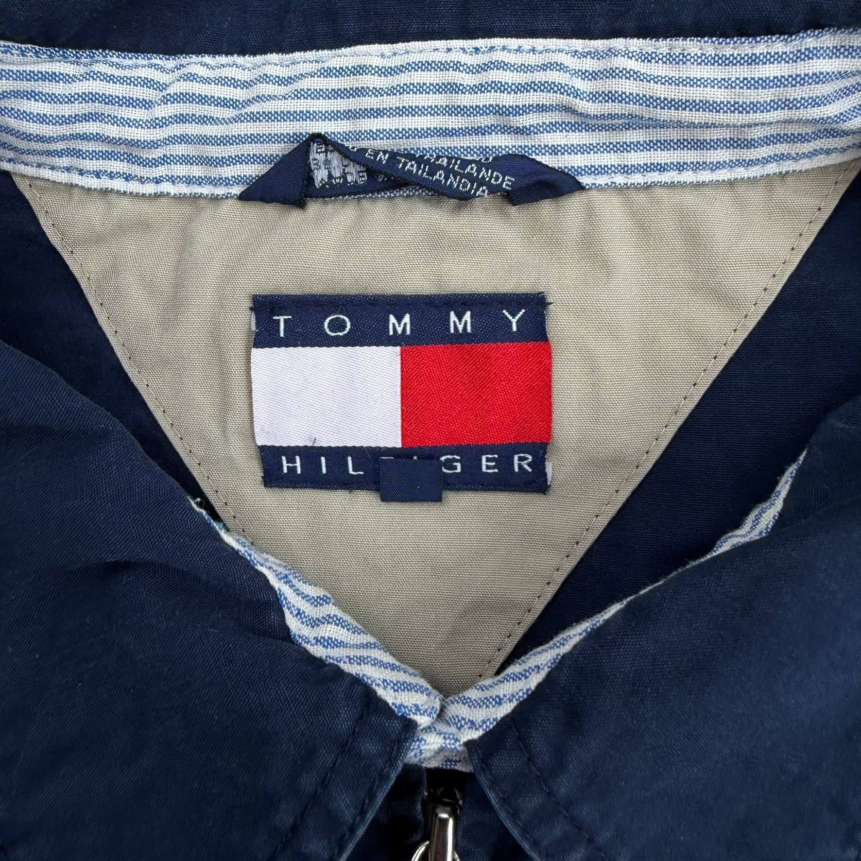 J- Vintage Tommy Hilfiger Embroidered Crest Navy Harrington Lightweight Jacket - XL