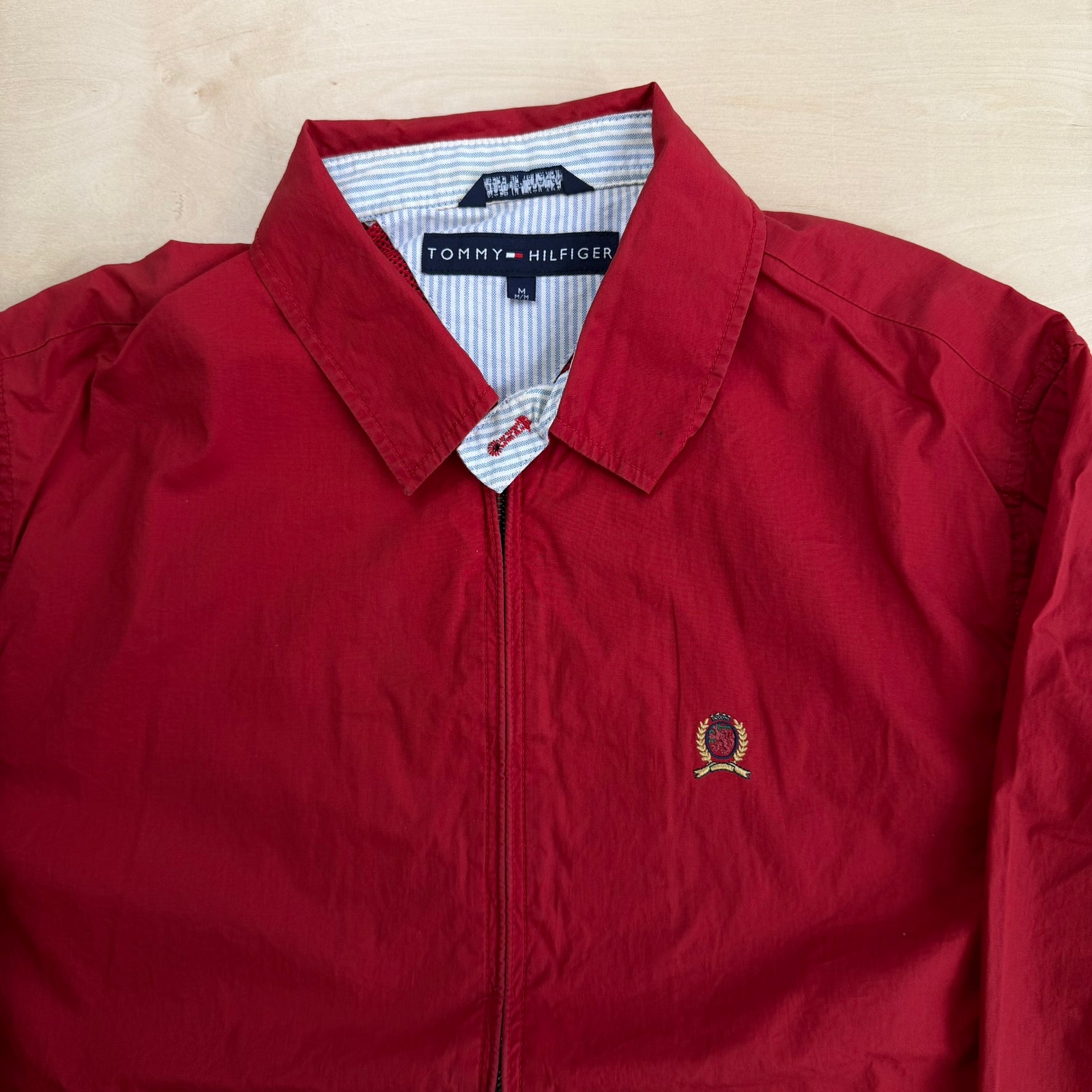 J- Vintage Tommy Hilfiger Embroidered Crest Red Harrington Lightweight Jacket - M