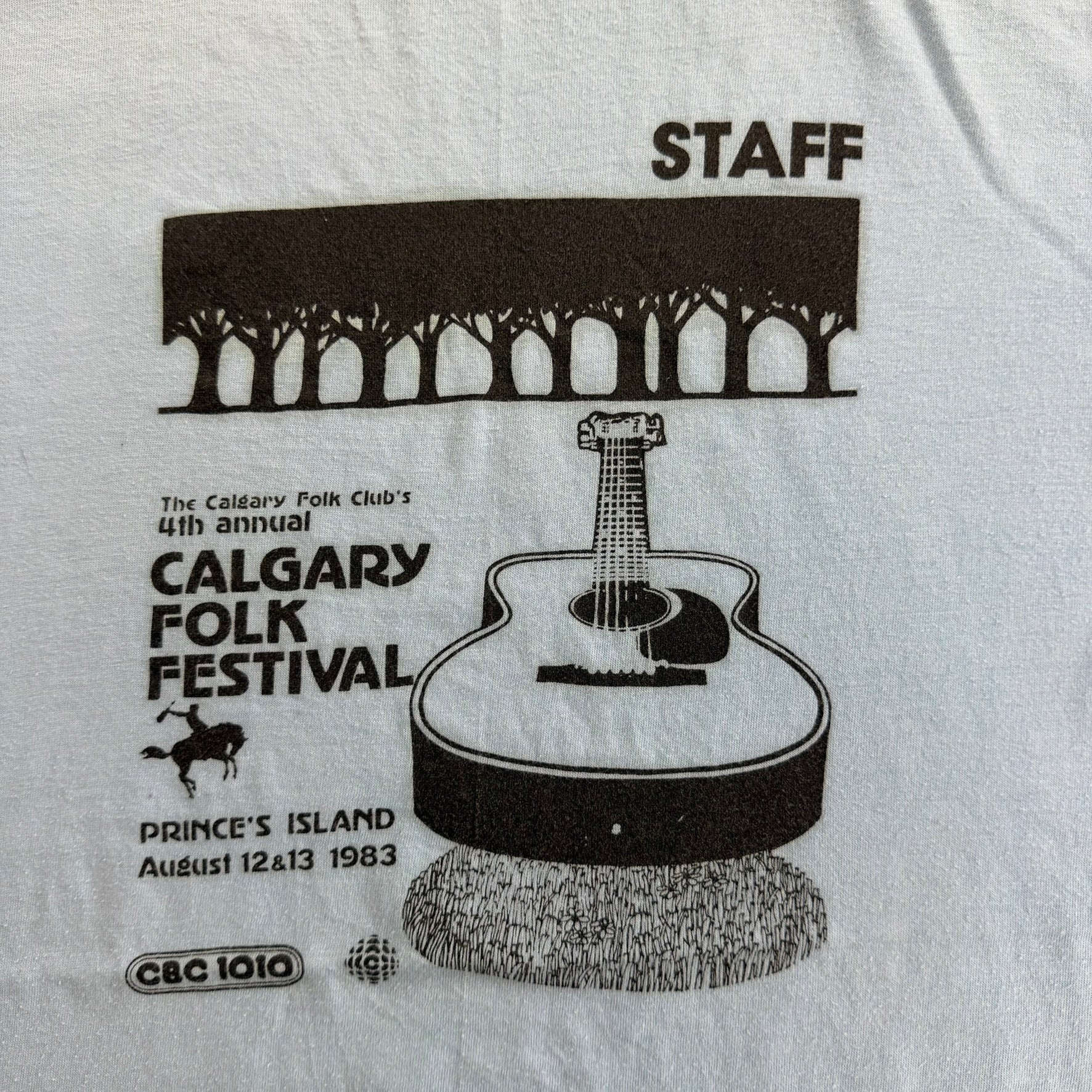 J- Vintage '83 4th Annual Calgary Folk Festival Staff Graphic Single Stitch Ringer Tee - XL (fits L)