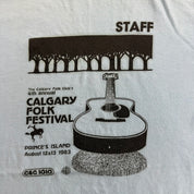 J- Vintage '83 4th Annual Calgary Folk Festival Staff Graphic Single Stitch Ringer Tee - XL (fits L)